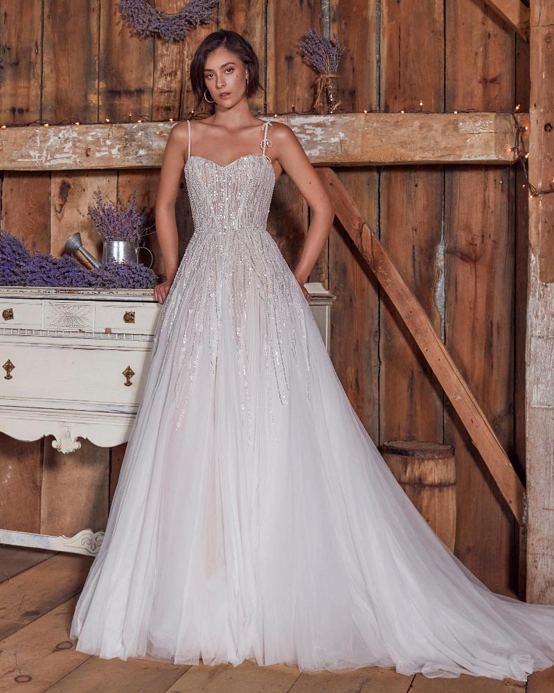 La24106 a line sparkly wedding dress with tulle and spaghetti straps3